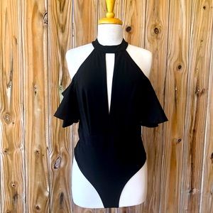 Luxxel Black Off the Shoulder Ruffle Low Cut High Neckline Bodysuit